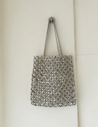 Silver shoulder bag, eco-bag style, metal bead bag