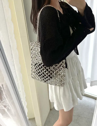 Silver shoulder bag, eco-bag style, metal bead bag
