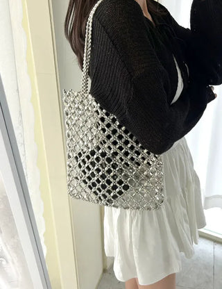 Silver shoulder bag, eco-bag style, metal bead bag