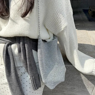 Silver knit shoulder bag, handmade eco bag, daily summer bag