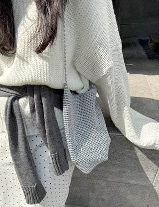 Silver knit shoulder bag, handmade eco bag, daily summer bag