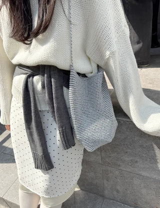 Silver knit shoulder bag, handmade eco bag, daily summer bag