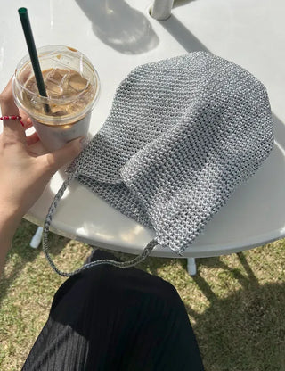 Silver knit shoulder bag, handmade eco bag, daily summer bag