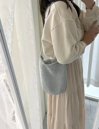 Silver knit shoulder bag, handmade eco bag, daily summer bag