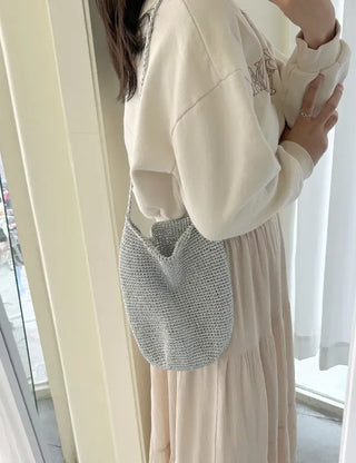 Silver knit shoulder bag, handmade eco bag, daily summer bag