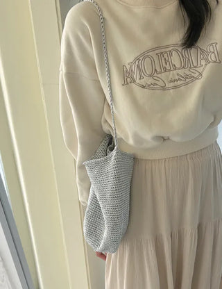 Silver knit shoulder bag, handmade eco bag, daily summer bag