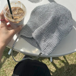 Silver knit shoulder bag, handmade eco bag, daily summer bag
