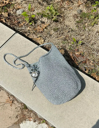 Silver knit shoulder bag, handmade eco bag, daily summer bag