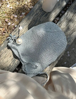 Silver knit shoulder bag, handmade eco bag, daily summer bag
