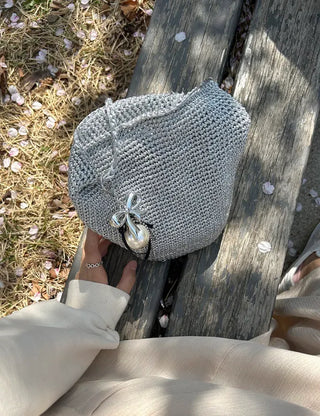 Silver knit shoulder bag, handmade eco bag, daily summer bag