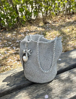 Silver knit shoulder bag, handmade eco bag, daily summer bag