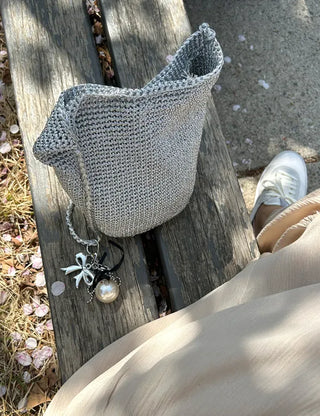 Silver knit shoulder bag, handmade eco bag, daily summer bag