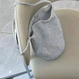 Silver knit shoulder bag, handmade eco bag, daily summer bag