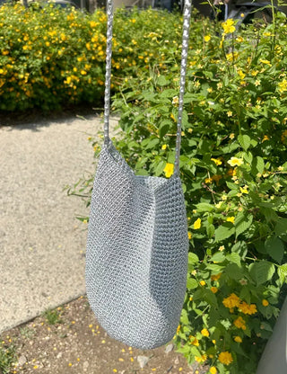 Silver knit shoulder bag, handmade eco bag, daily summer bag