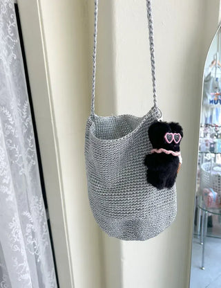 Silver knit shoulder bag, handmade eco bag, daily summer bag