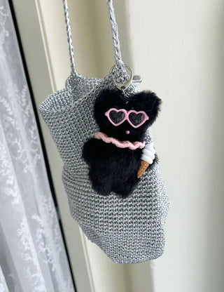 Silver knit shoulder bag, handmade eco bag, daily summer bag