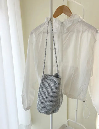 Silver knit shoulder bag, handmade eco bag, daily summer bag