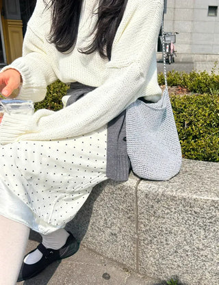 Silver knit shoulder bag, handmade eco bag, daily summer bag
