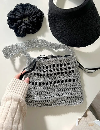 Silver Metal Knitted Bag Summer Mini Bag Pouch Set