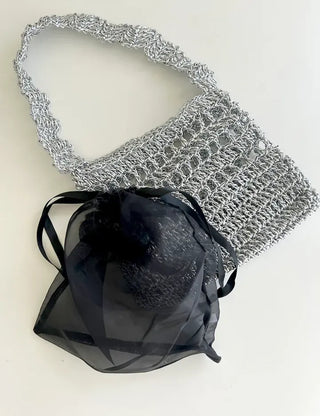 Silver Metal Knitted Bag Summer Mini Bag Pouch Set