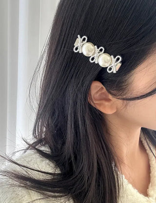 2 Types Pearl Ribbon Metal Clip Automatic Hairpin