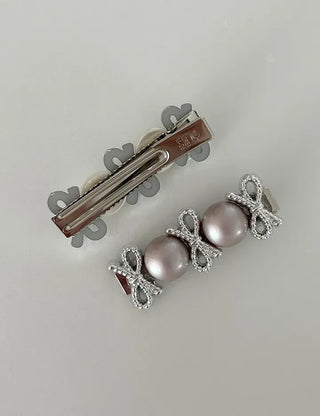 2 Types Pearl Ribbon Metal Clip Automatic Hairpin