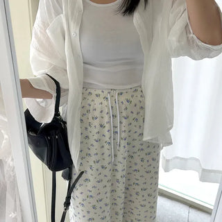 Flower Waffle Long Skirt Women's H-Line Elastic Skirt