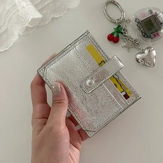Silver cowhide card wallet open button bifold wallet