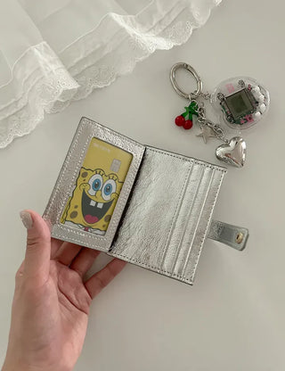 Silver cowhide card wallet open button bifold wallet