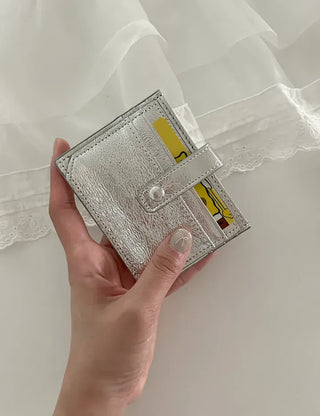 Silver cowhide card wallet open button bifold wallet