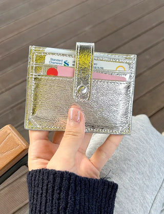 Silver cowhide card wallet open button bifold wallet