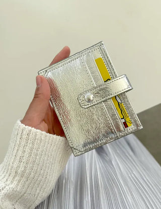 Silver cowhide card wallet open button bifold wallet