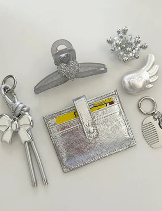 Silver cowhide card wallet open button bifold wallet
