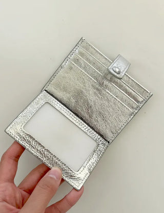 Silver cowhide card wallet open button bifold wallet
