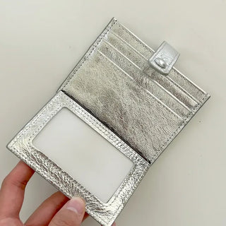 Silver cowhide card wallet open button bifold wallet