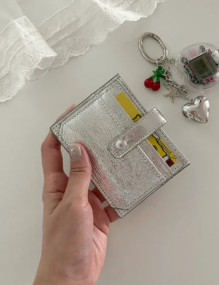 Silver cowhide card wallet open button bifold wallet