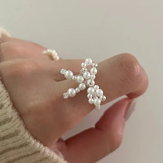 Silver 925 Ribbon Pearl Ring Women's Silver Ring Beaded Ring
