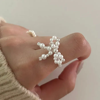 Silver 925 Ribbon Pearl Ring Women's Silver Ring Beaded Ring
