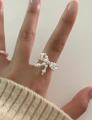 Silver 925 Ribbon Pearl Ring Women's Silver Ring Beaded Ring