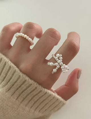 Silver 925 Ribbon Pearl Ring Women's Silver Ring Beaded Ring