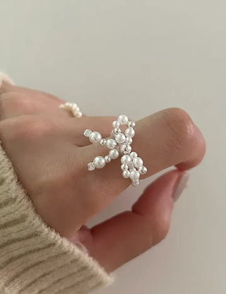 Silver 925 Ribbon Pearl Ring Women's Silver Ring Beaded Ring