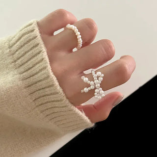 Silver 925 Ribbon Pearl Ring Women's Silver Ring Beaded Ring