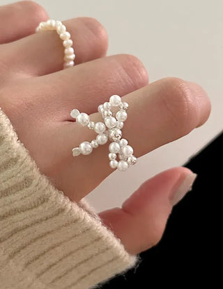 Silver 925 Ribbon Pearl Ring Women's Silver Ring Beaded Ring
