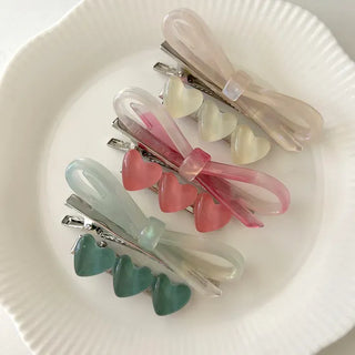 Set of 2 Marble Cellulose Ribbon Pin Heart Hairpin