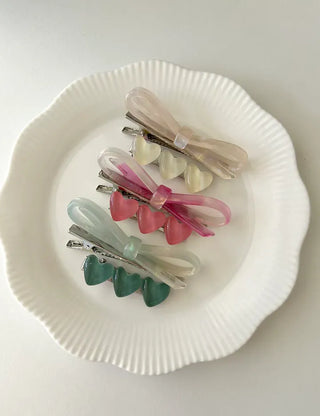 Set of 2 Marble Cellulose Ribbon Pin Heart Hairpin