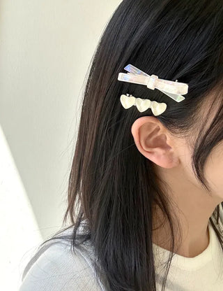 Set of 2 Marble Cellulose Ribbon Pin Heart Hairpin