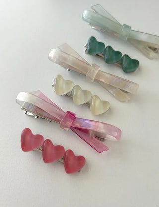 Set of 2 Marble Cellulose Ribbon Pin Heart Hairpin