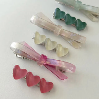 Set of 2 Marble Cellulose Ribbon Pin Heart Hairpin