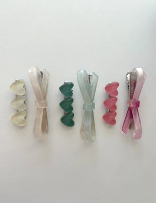Set of 2 Marble Cellulose Ribbon Pin Heart Hairpin