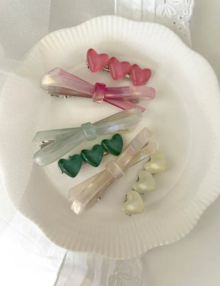 Set of 2 Marble Cellulose Ribbon Pin Heart Hairpin
